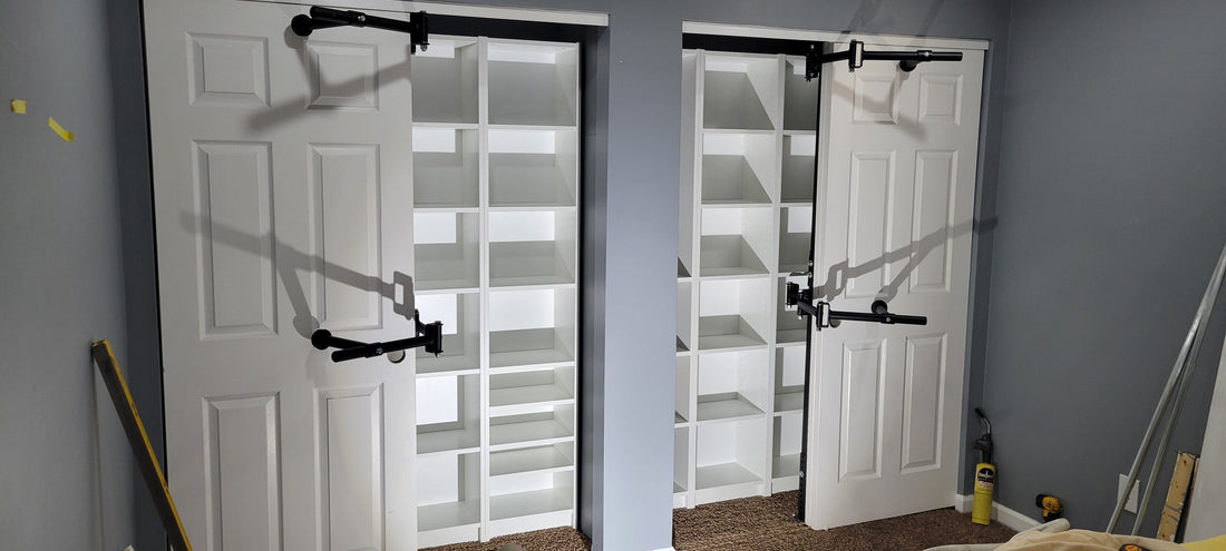 Image of the Clever Closet Rod System installed in a small closet, showcasing rotating rods and multi-level hanging space.
