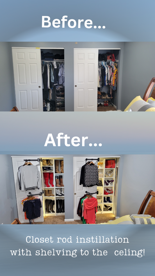"A narrow hallway closet transformed with the Be Clever Closet Rod System. The rotating rods allow easy access to clothes, maximizing storage space."