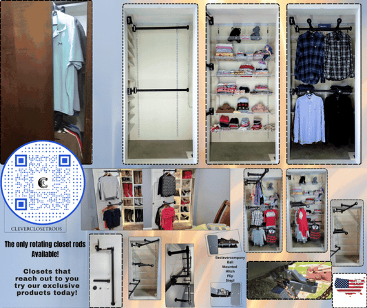 Image of the original Clever Closet Rod System in use, showing clothes on rotating rods and shelving in a compact space.