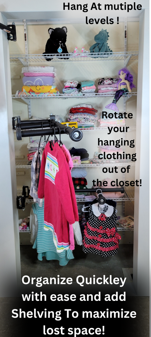 Image of an organized kids' closet with Clever Closet Rods, showcasing clothes, toys, and shelves in a magical, neat arrangement.