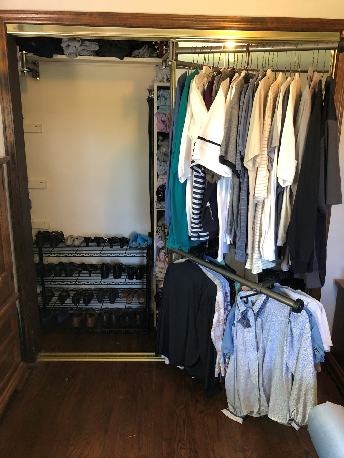 Image showcasing a narrow closet before and after using the Clever Closet Rod System, demonstrating space utilization.
