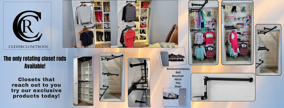 Image of clothes on Be Clever rotating closet rods in a small space, illustrating before and after space utilization.
