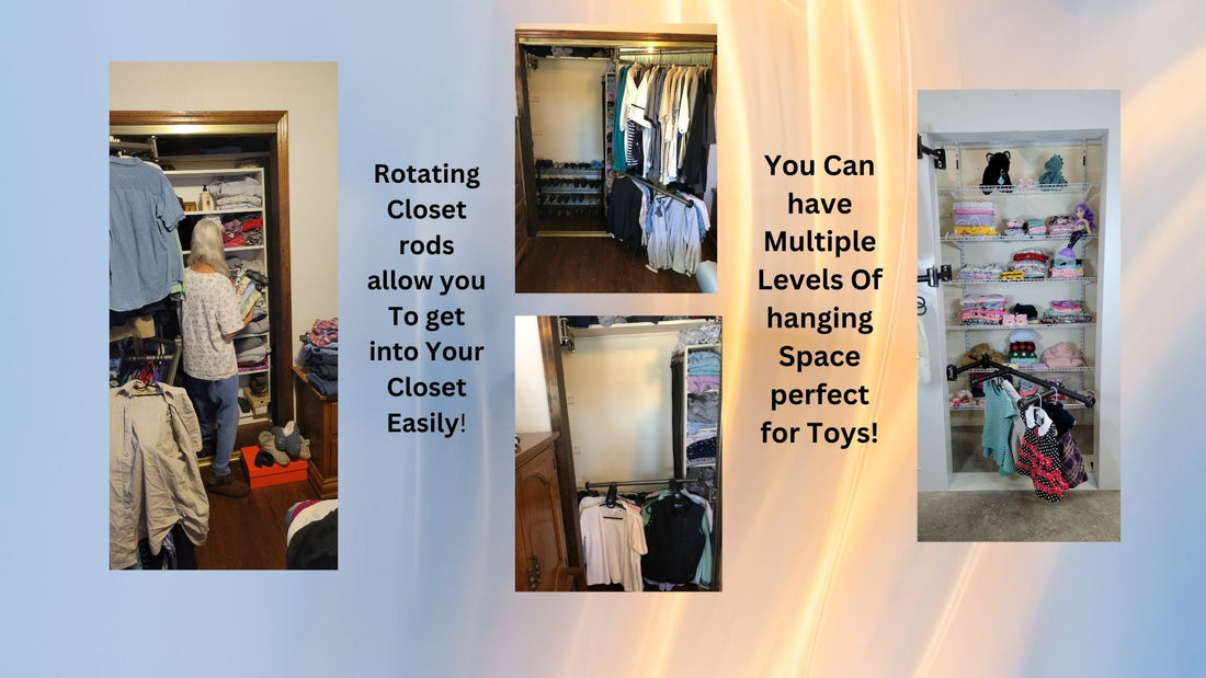 Person easily accessing closet with Clever Closet Rods, showcasing innovative rotating design