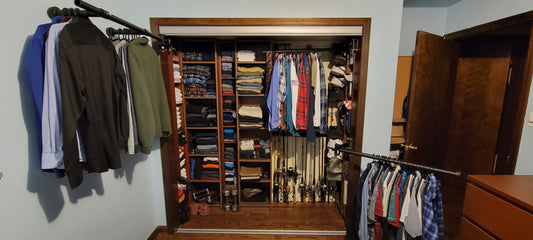 CleverClosetRods system showing clothes rotated out of a 24" closet, revealing shelving options.