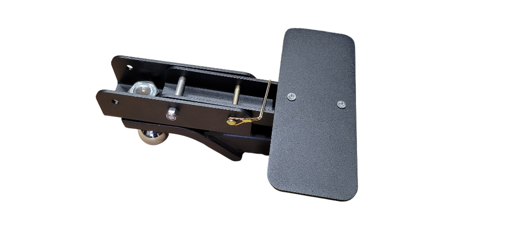 View of underside of Be Clever ball mounted hitch flip step long with the step folded showing the mounting point.